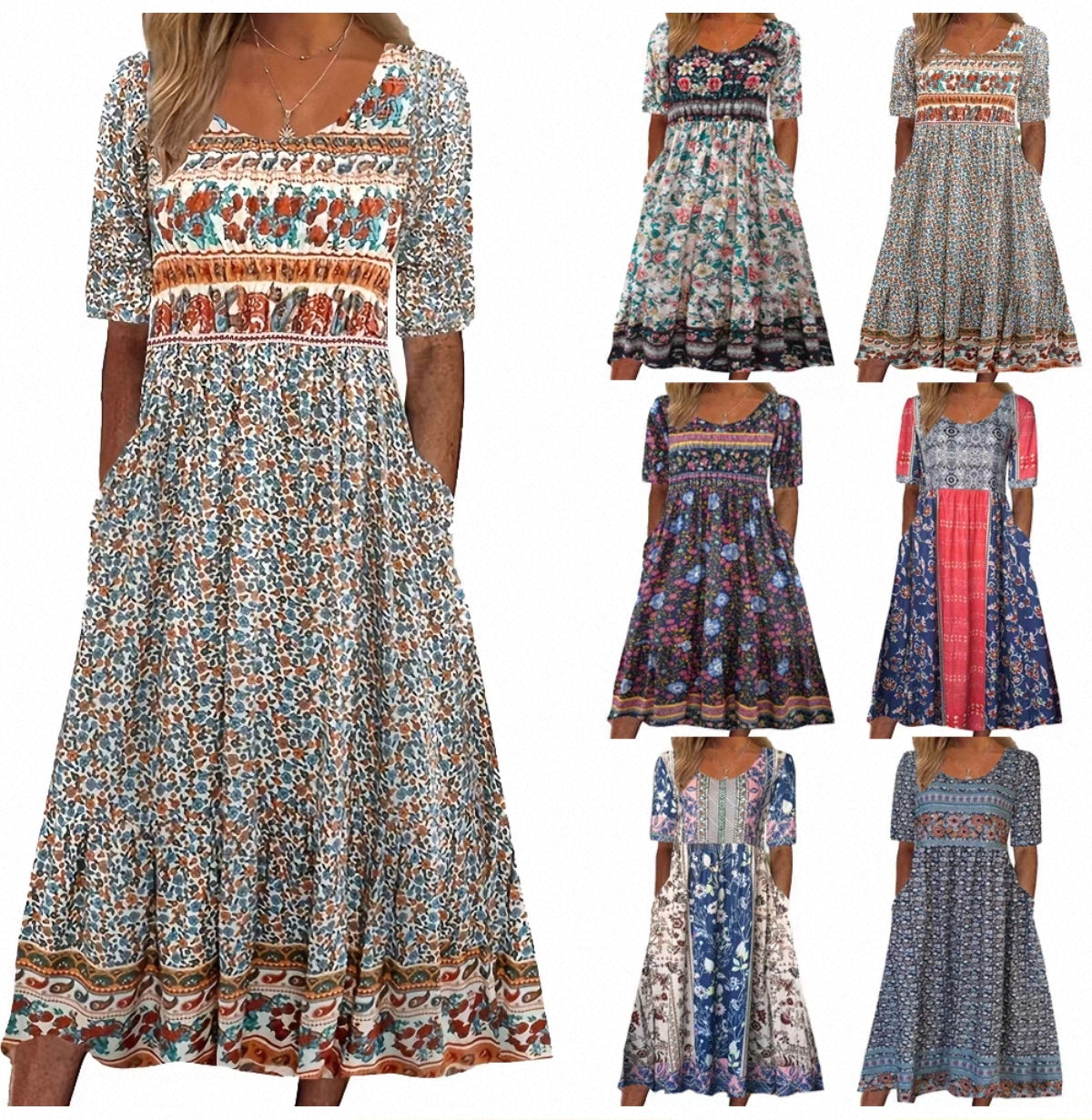 Rundhals-Kurzarmkleid mit Bohemian-Print