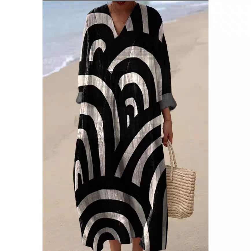 Lässiges Langarmkleid mit Blumenmuster und 3D-Print