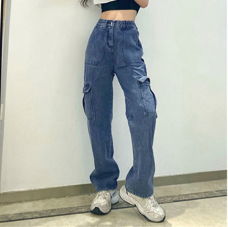 Damenmode Multi-Pocket Workwear Gerade High Rise Slim Fit Loose Jeans