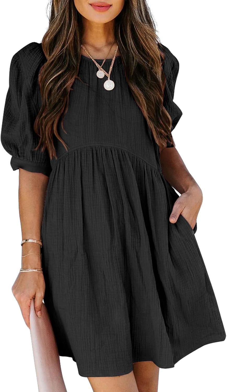 Dokotoo Womens 2025 Spring Summer Crewneck Puff Sleeve Babydoll Elegant Empire Waist Mini Swing Skater Dresses with Pockets