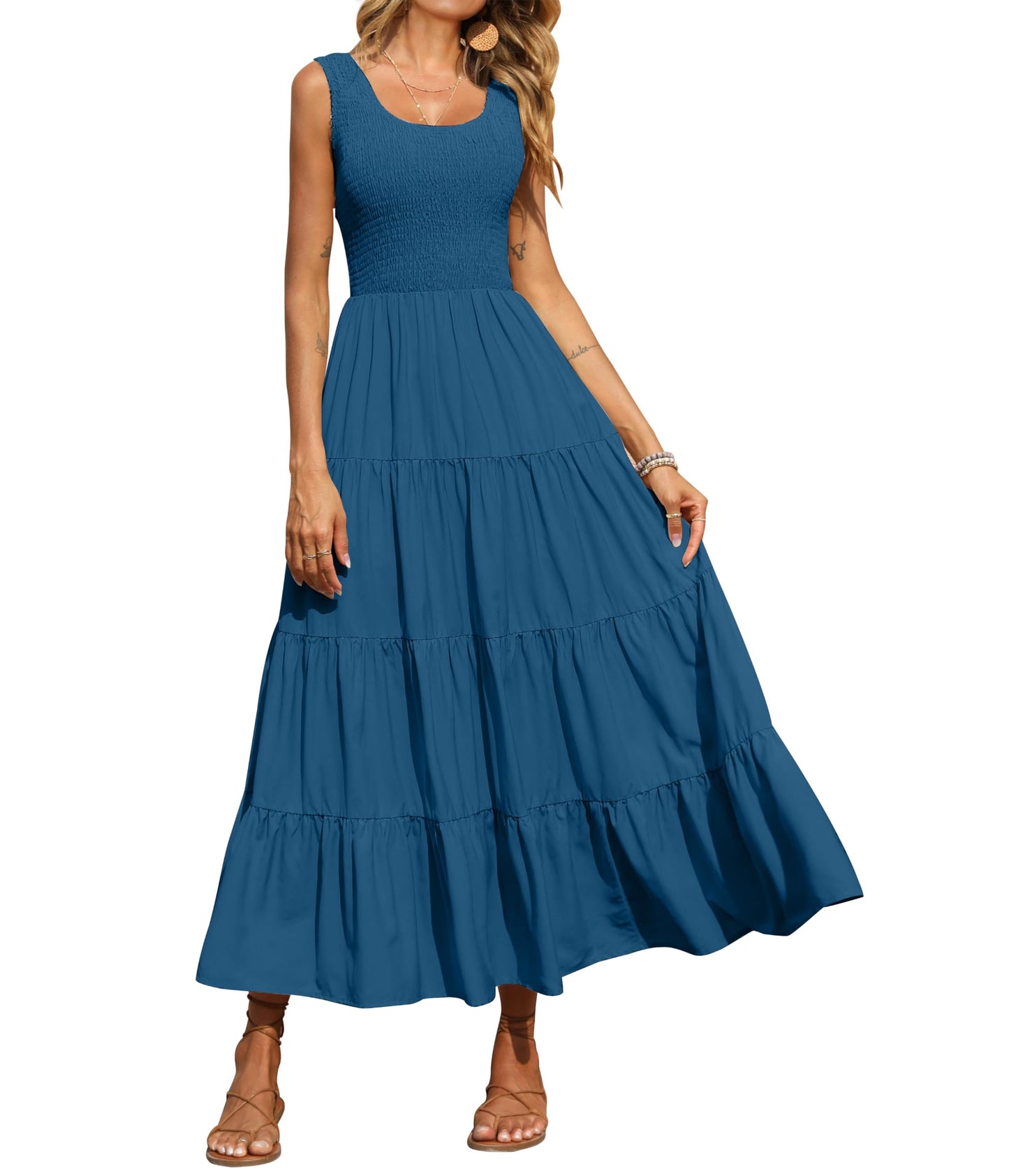 PRETTYGARDEN Women's 2025 Casual Loose Plain Maxi Sundress Smocked Tank Dress Sleeveless Summer Beach Tiered Long Dresses