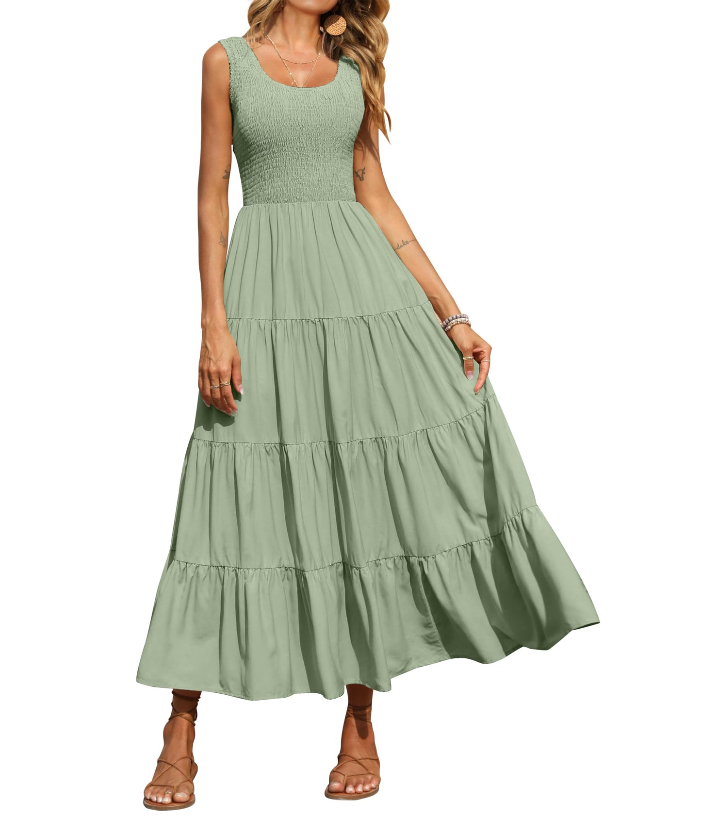 PRETTYGARDEN Women's 2025 Casual Loose Plain Maxi Sundress Smocked Tank Dress Sleeveless Summer Beach Tiered Long Dresses
