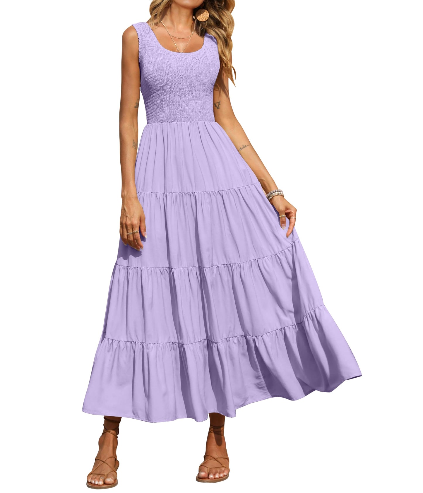 PRETTYGARDEN Women's 2025 Casual Loose Plain Maxi Sundress Smocked Tank Dress Sleeveless Summer Beach Tiered Long Dresses