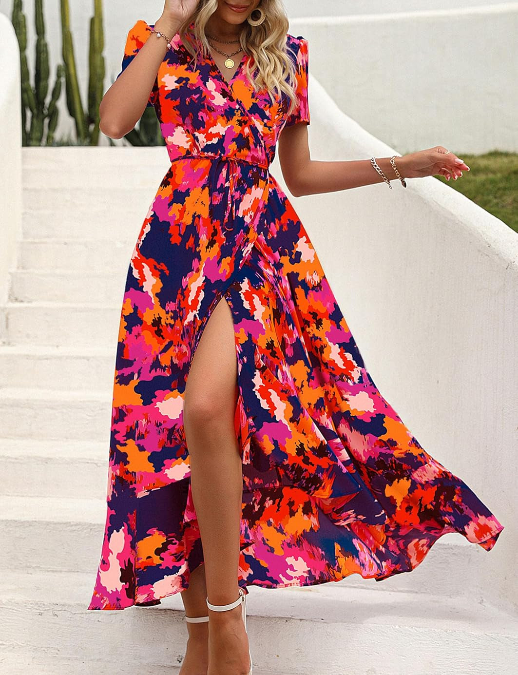 PRETTYGARDEN Women's Summer Maxi Dress Casual Wrap Floral Boho Short Sleeve V Neck Split Ruffle Beach Long Dresses