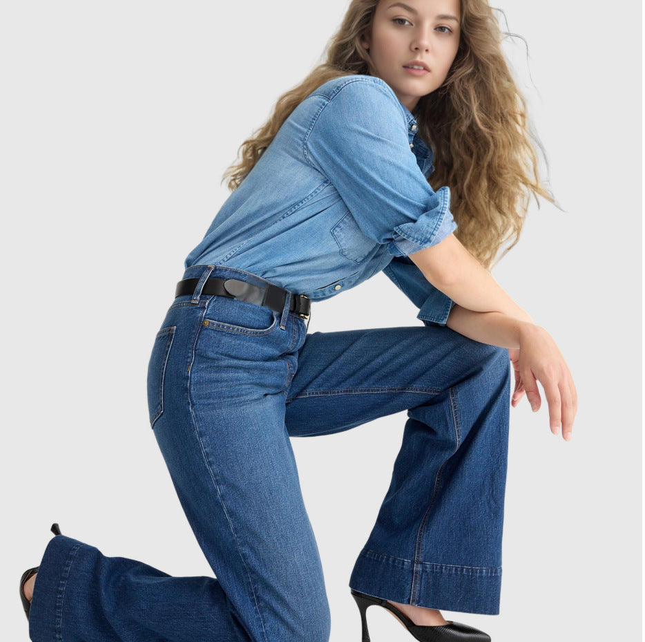 Damen Vintage Weite Bein Stretch Lockere Jeans