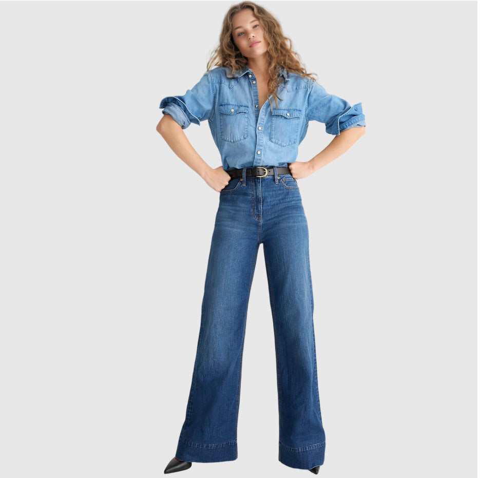 Damen Vintage Weite Bein Stretch Lockere Jeans