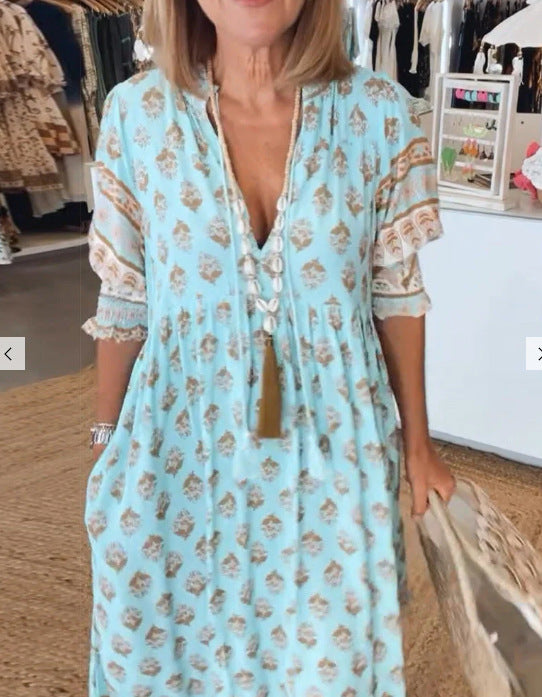 Bohemian V-Ausschnitt bedruckter Laternenärmel hoher Taille ausgestellter Rock