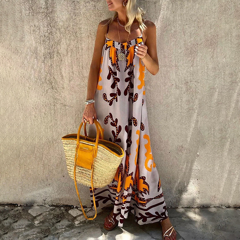 Böhmischer Stil Elegantes Freizeitkleid mit hoher Taille und bedrucktem Hosenträger