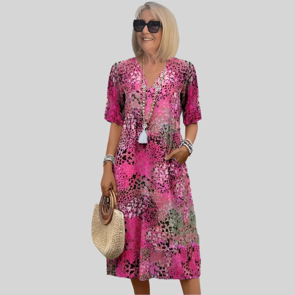Kleid mit V-Ausschnitt und Retro-Print