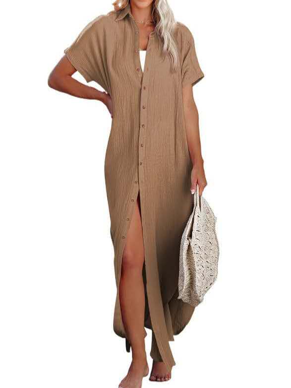 Sommerflut Langes Strandkleid mit Schlitz und Knöpfen