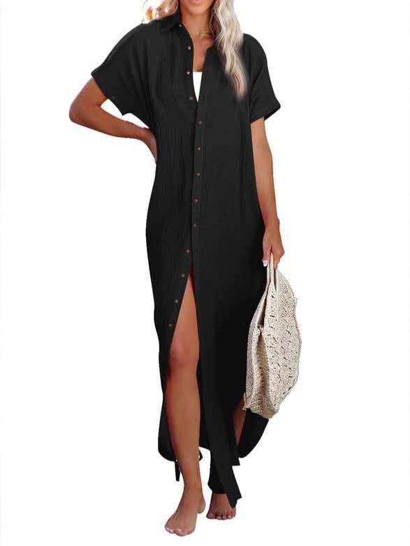 Sommerflut Langes Strandkleid mit Schlitz und Knöpfen