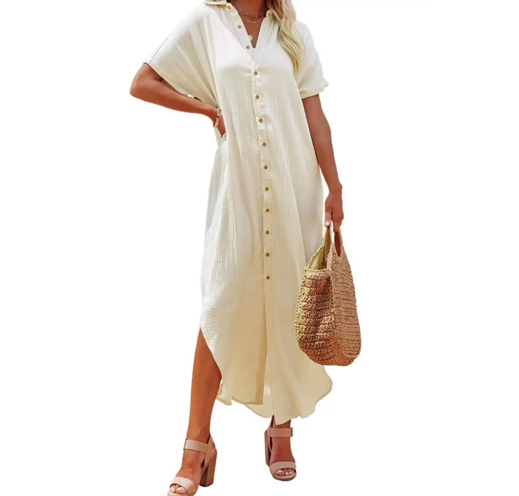 Sommerflut Langes Strandkleid mit Schlitz und Knöpfen