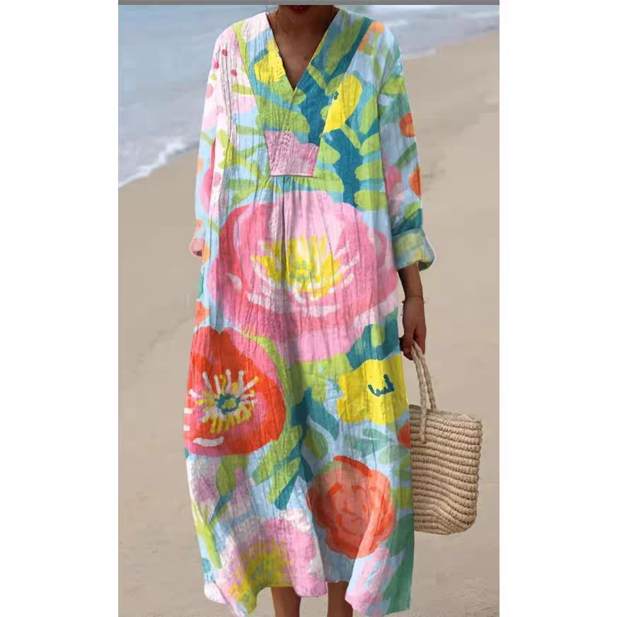 Lässiges Langarmkleid mit Blumenmuster und 3D-Print