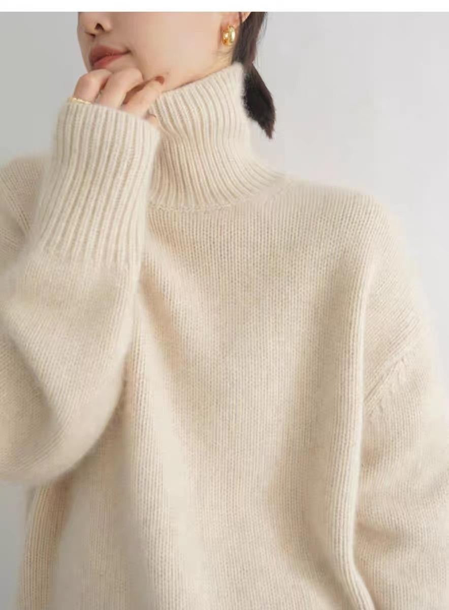 Strickpullover im Lazy-Style mit hohem Kragen für Damen weiche einfarbige Farbe lockere Innenbekleidung