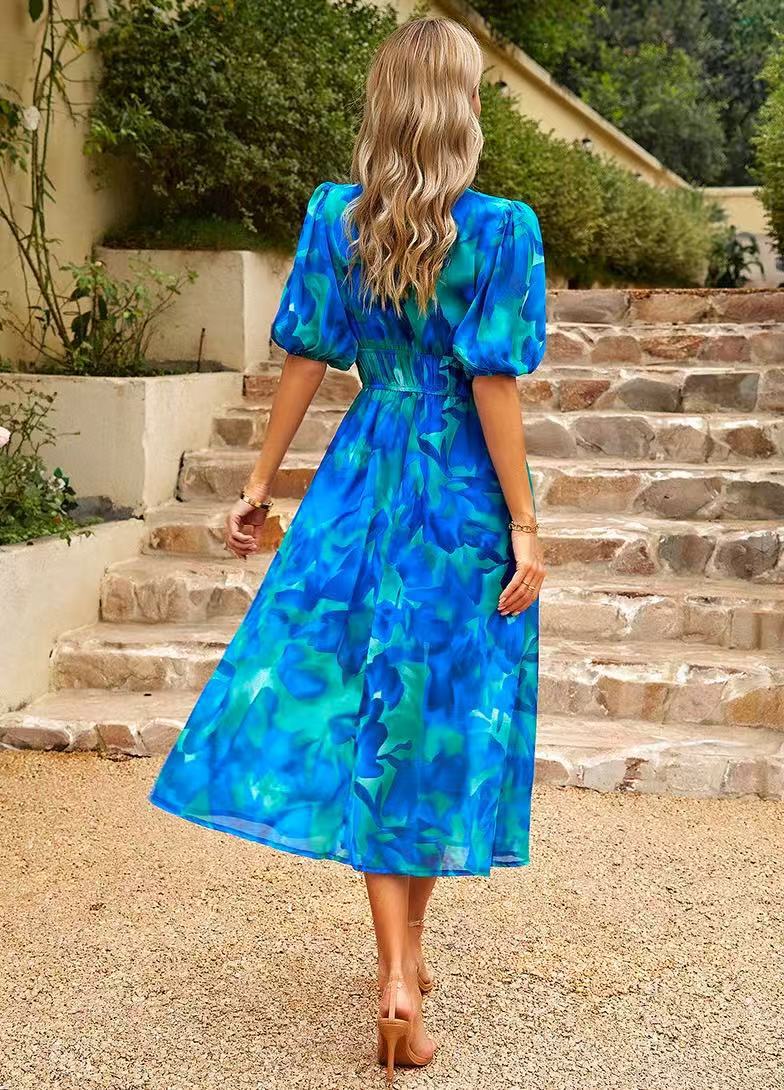 Böhmischer Stil Kleid mit V-Ausschnitt und Print