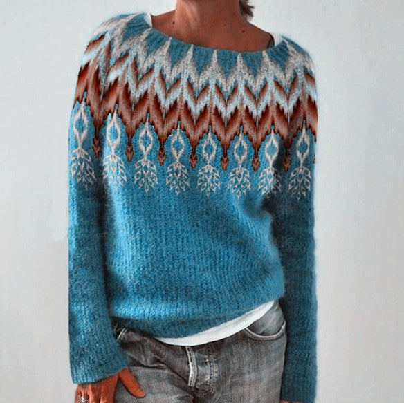 Mehrfarbiger lockerer Strickpullover mit Rundhalsausschnitt