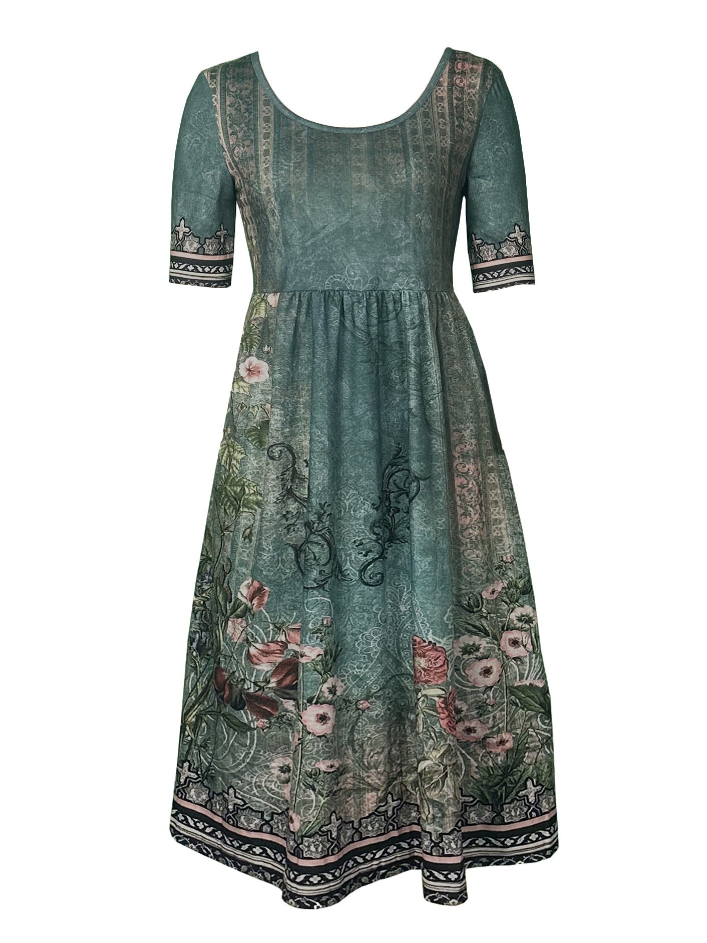 Rundhals-Kurzarmkleid mit Bohemian-Print