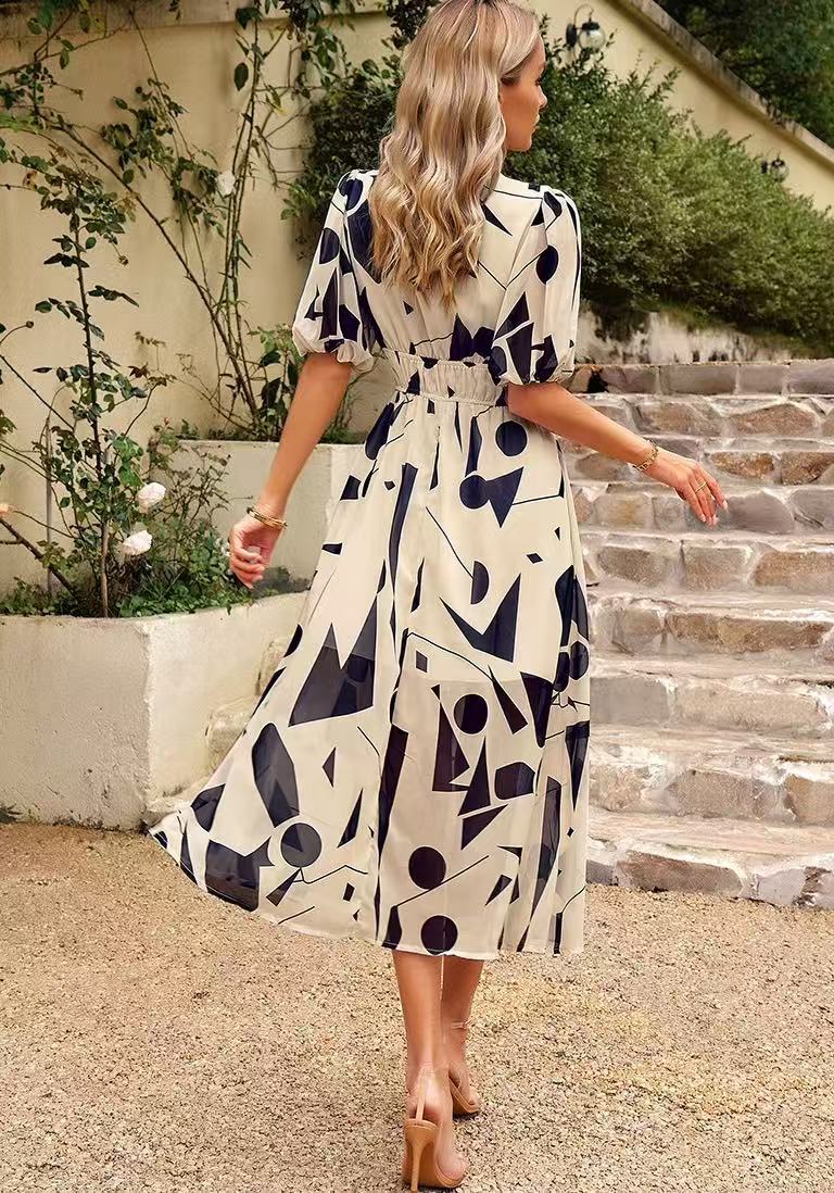 Böhmischer Stil Kleid mit V-Ausschnitt und Print