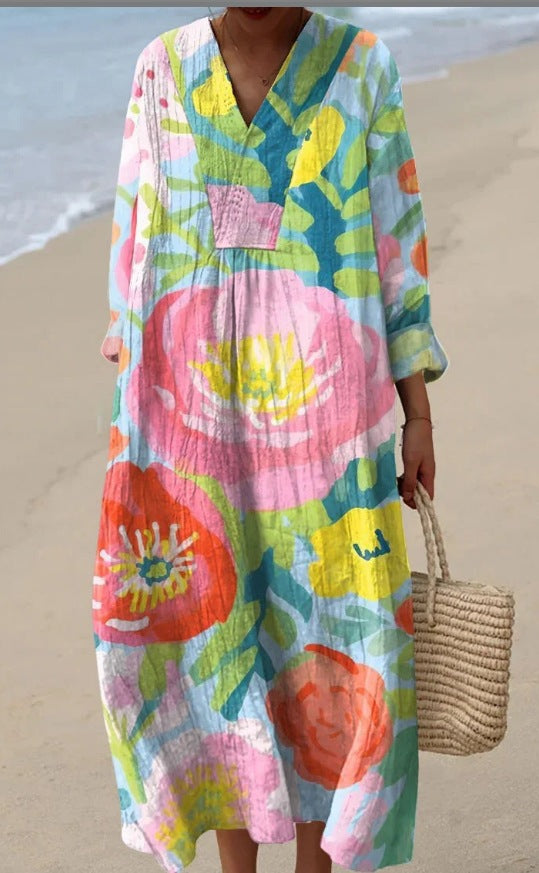 Lässiges Langarmkleid mit Blumenmuster und 3D-Print