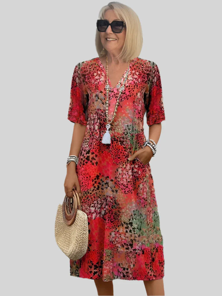 Kleid mit V-Ausschnitt und Retro-Print