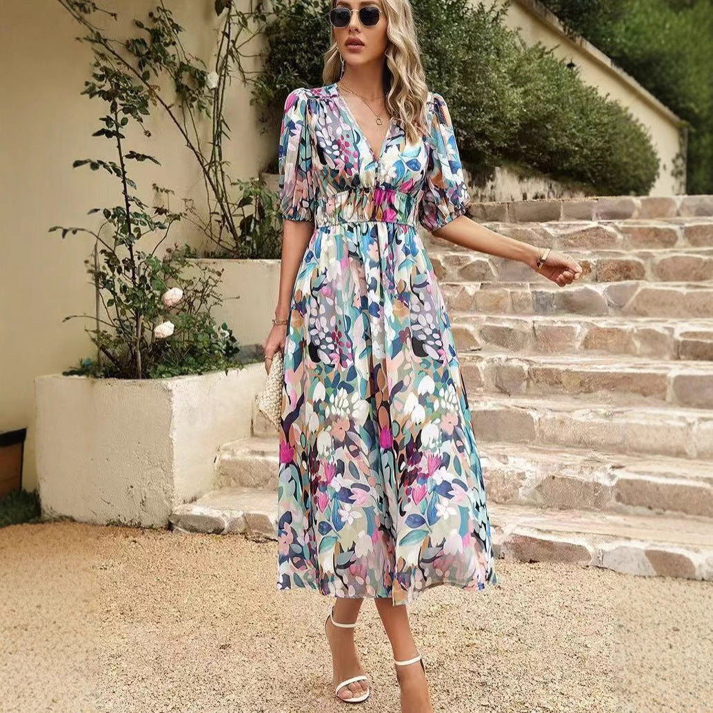 Böhmischer Stil Kleid mit V-Ausschnitt und Print
