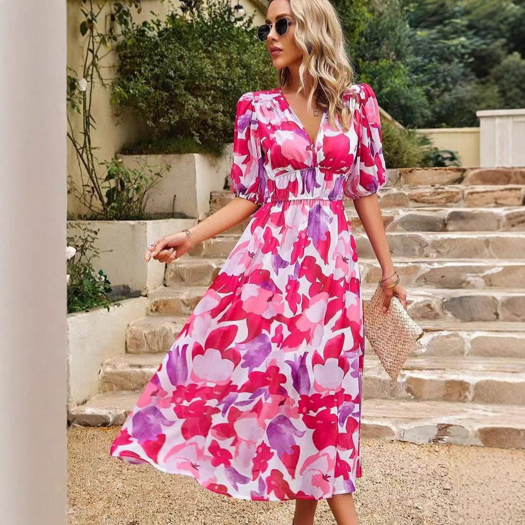 Böhmischer Stil Kleid mit V-Ausschnitt und Print