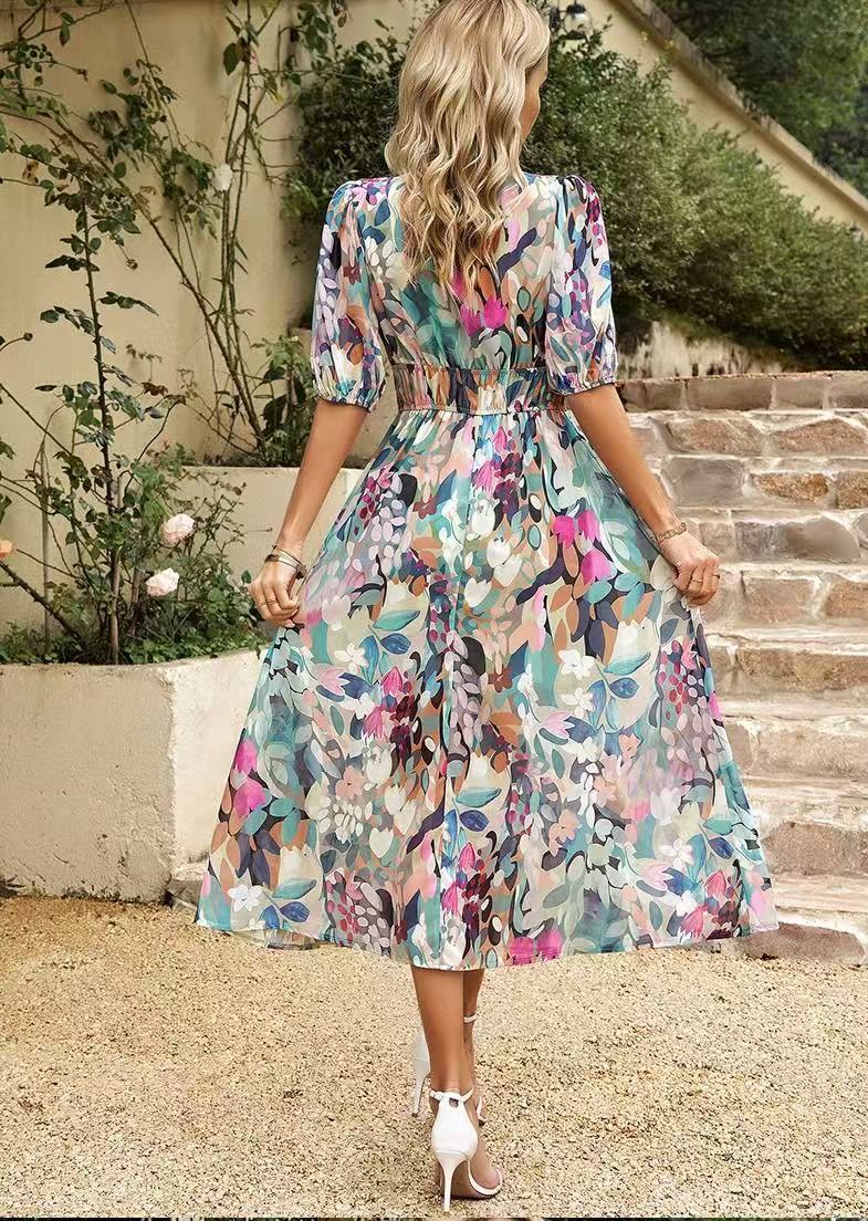 Böhmischer Stil Kleid mit V-Ausschnitt und Print
