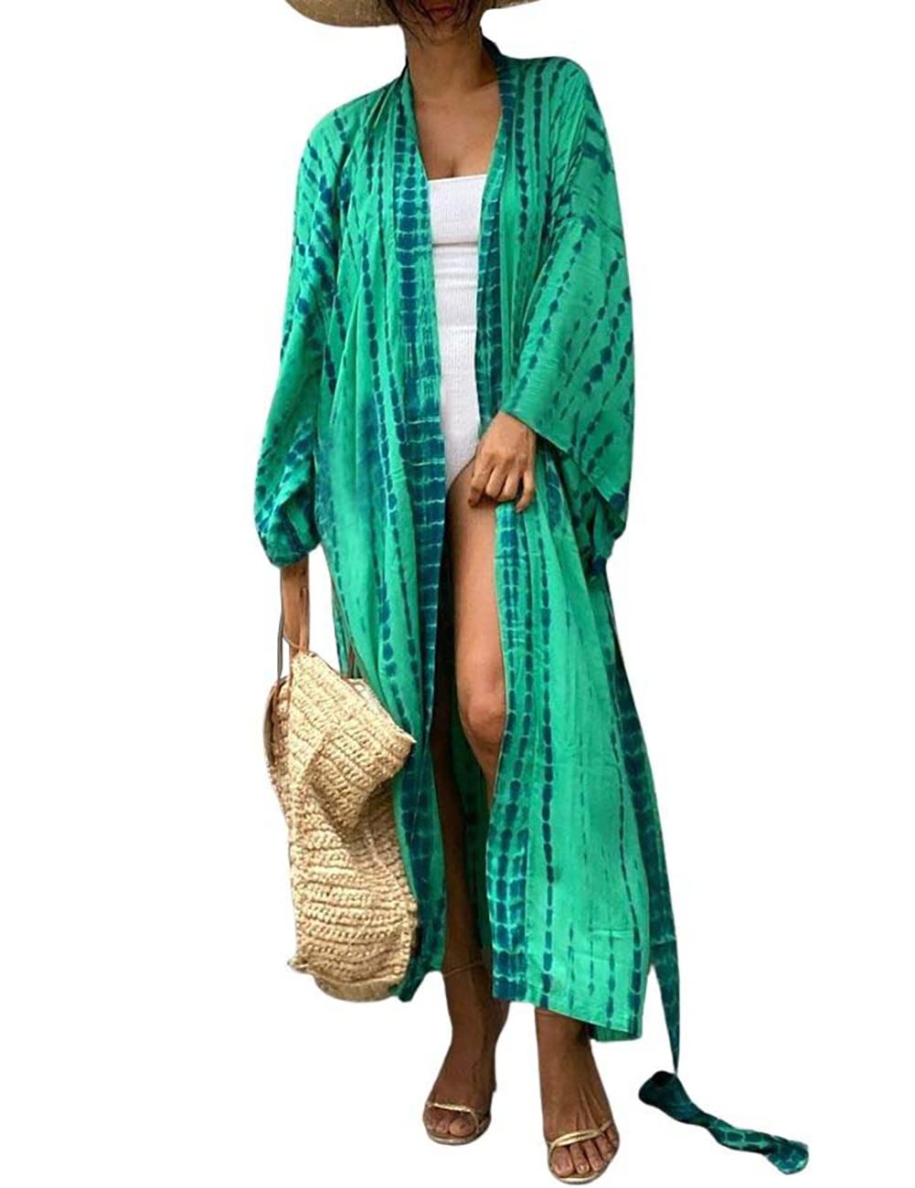 Bsubseach Stylish Tie Dye Open Front Long Kimono Swimsuit Cover Up for Women Swimwear Cover Ups