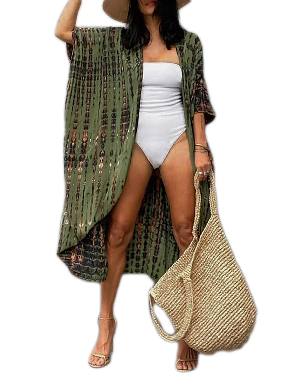 Bsubseach Stylish Tie Dye Open Front Long Kimono Swimsuit Cover Up for Women Swimwear Cover Ups