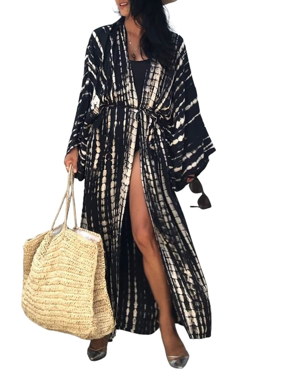 Bsubseach Stylish Tie Dye Open Front Long Kimono Swimsuit Cover Up for Women Swimwear Cover Ups