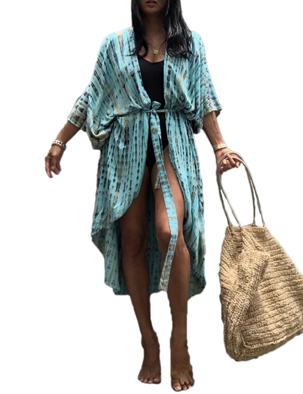 Bsubseach Stylish Tie Dye Open Front Long Kimono Swimsuit Cover Up for Women Swimwear Cover Ups