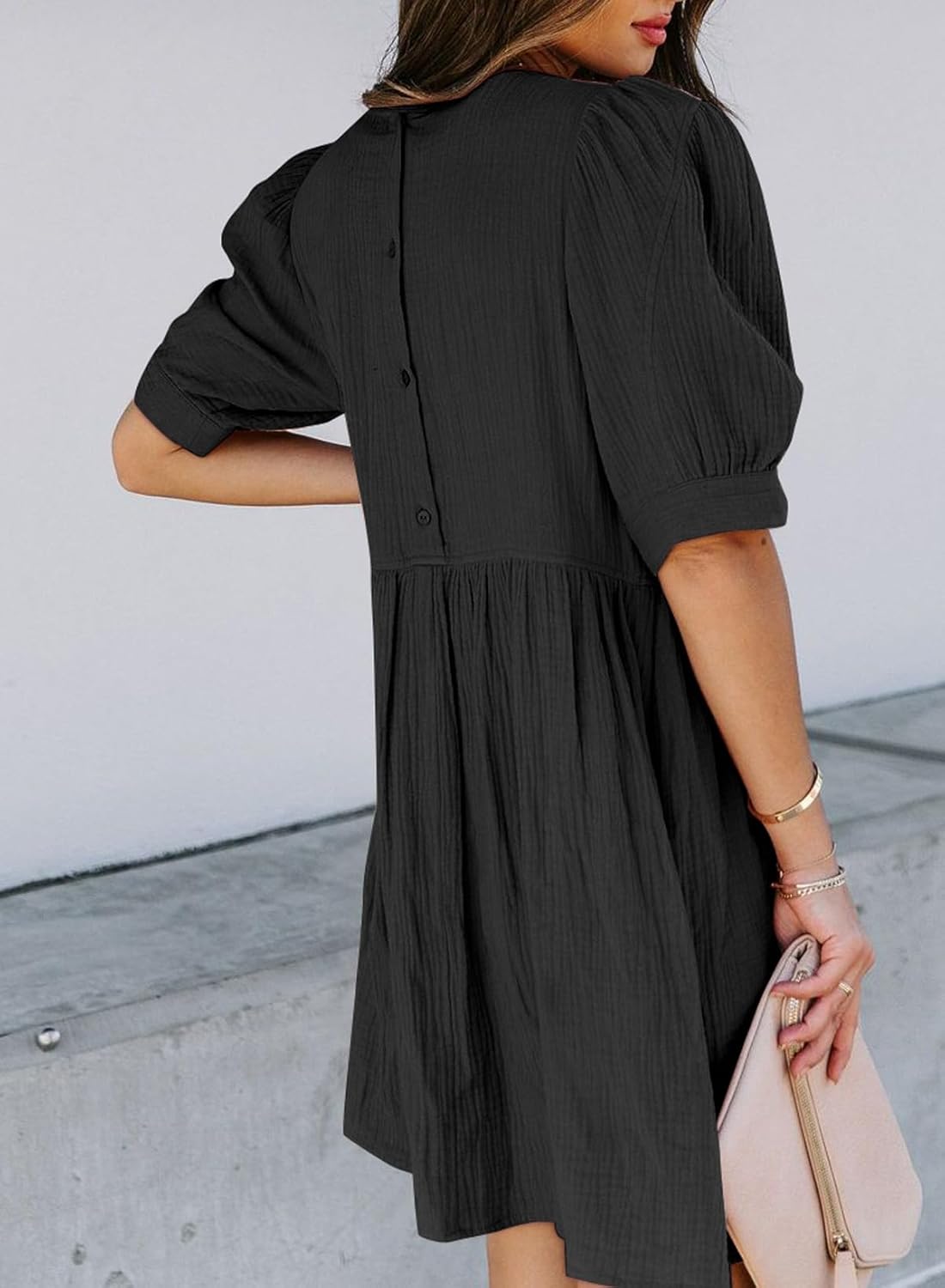 Dokotoo Womens 2025 Spring Summer Crewneck Puff Sleeve Babydoll Elegant Empire Waist Mini Swing Skater Dresses with Pockets