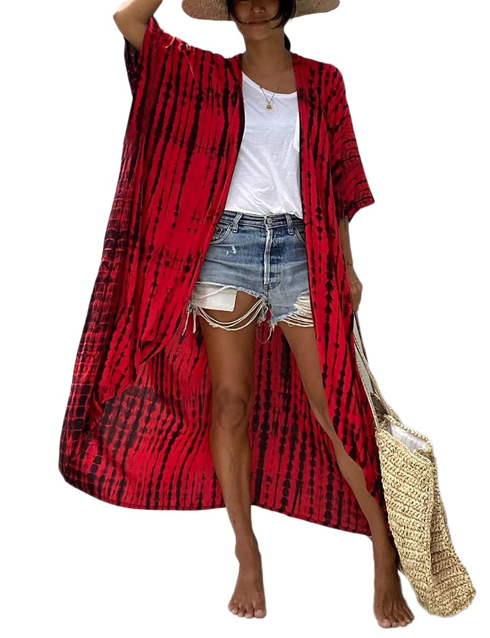 Bsubseach Stylish Tie Dye Open Front Long Kimono Swimsuit Cover Up for Women Swimwear Cover Ups