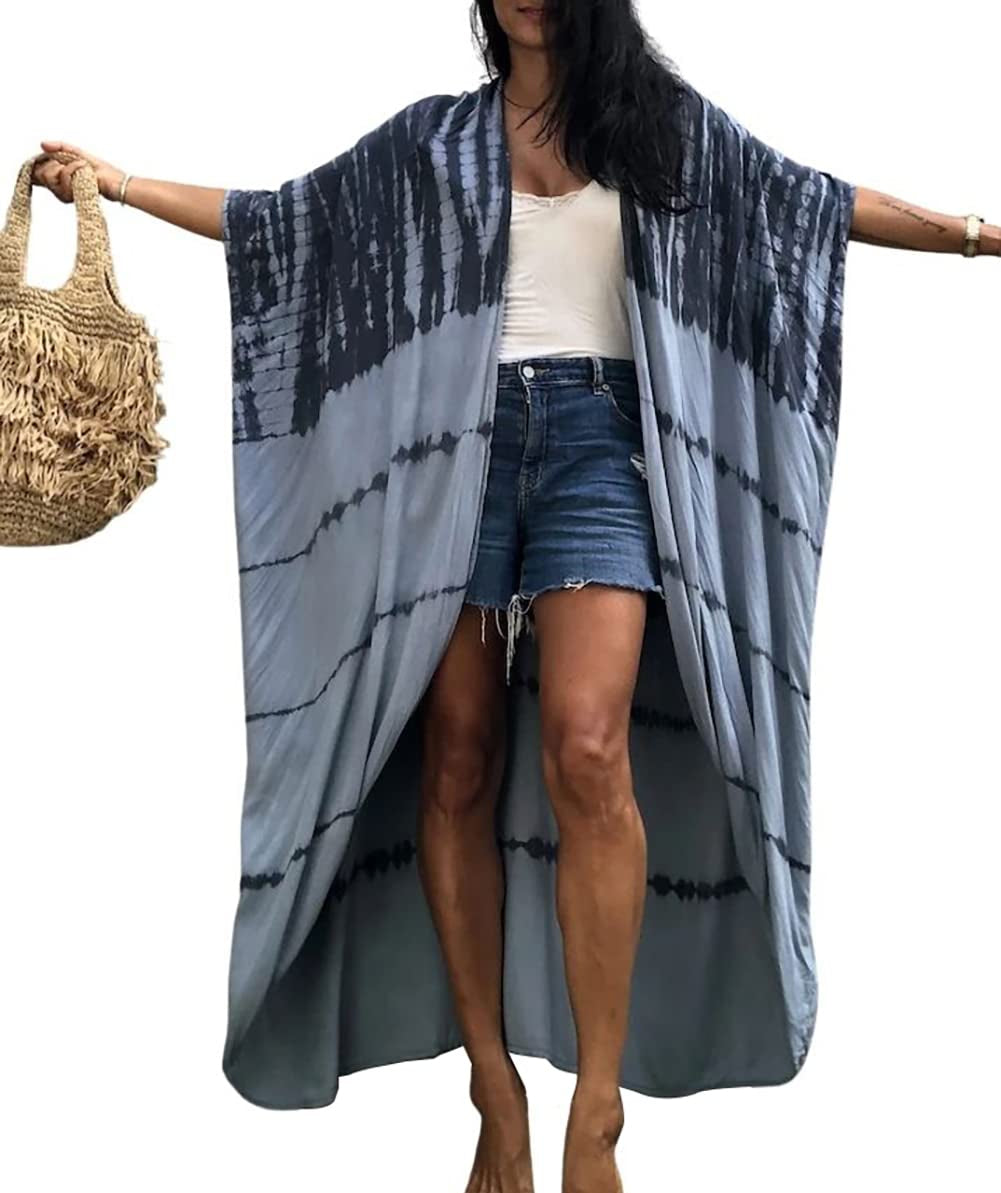 Bsubseach Stylish Tie Dye Open Front Long Kimono Swimsuit Cover Up for Women Swimwear Cover Ups