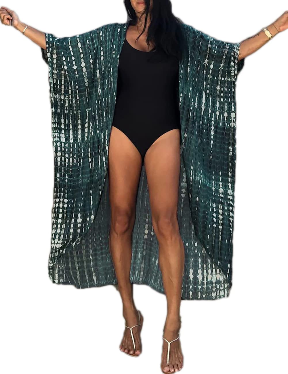Bsubseach Stylish Tie Dye Open Front Long Kimono Swimsuit Cover Up for Women Swimwear Cover Ups