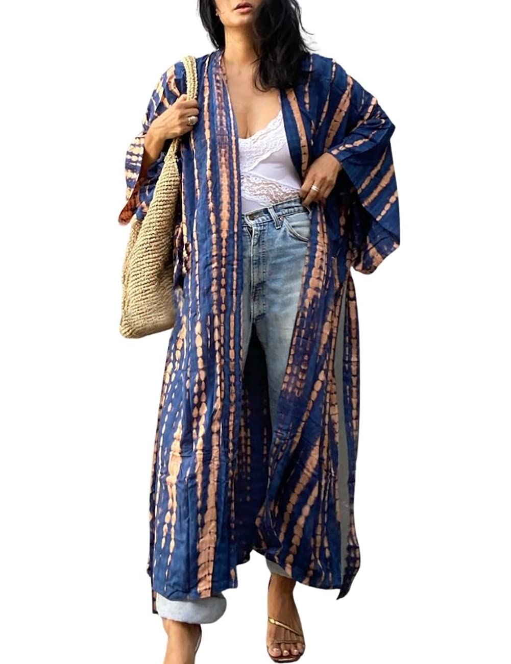 Bsubseach Stylish Tie Dye Open Front Long Kimono Swimsuit Cover Up for Women Swimwear Cover Ups