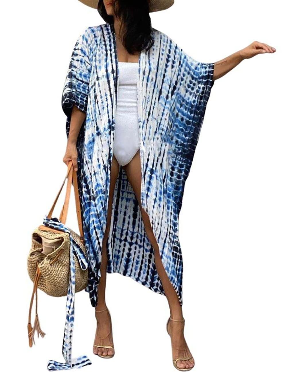 Bsubseach Stylish Tie Dye Open Front Long Kimono Swimsuit Cover Up for Women Swimwear Cover Ups