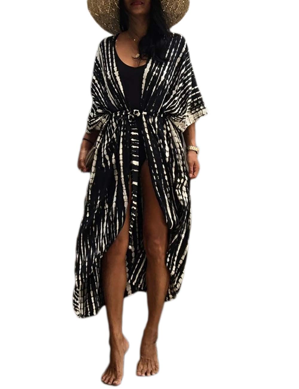 Bsubseach Stylish Tie Dye Open Front Long Kimono Swimsuit Cover Up for Women Swimwear Cover Ups