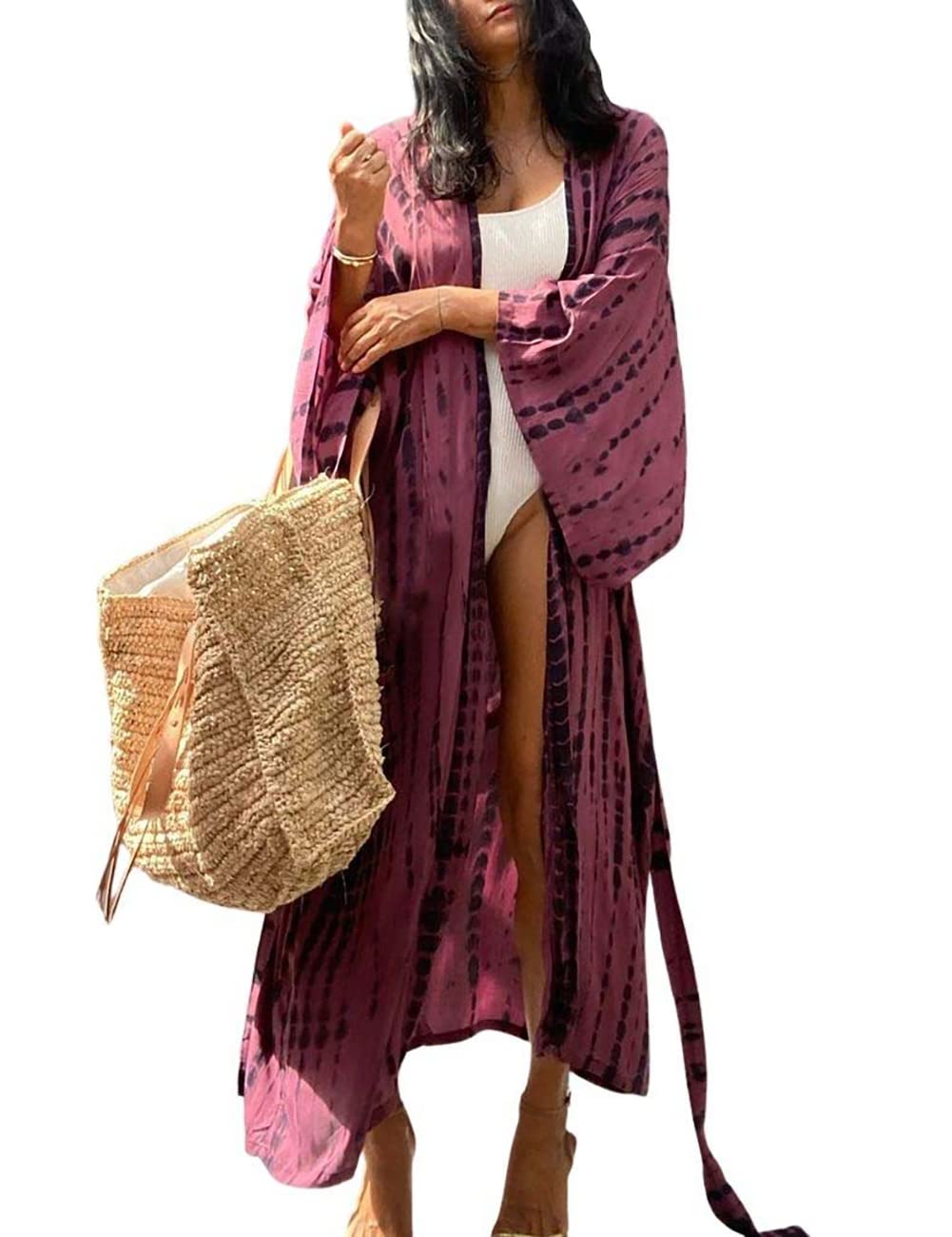 Bsubseach Stylish Tie Dye Open Front Long Kimono Swimsuit Cover Up for Women Swimwear Cover Ups