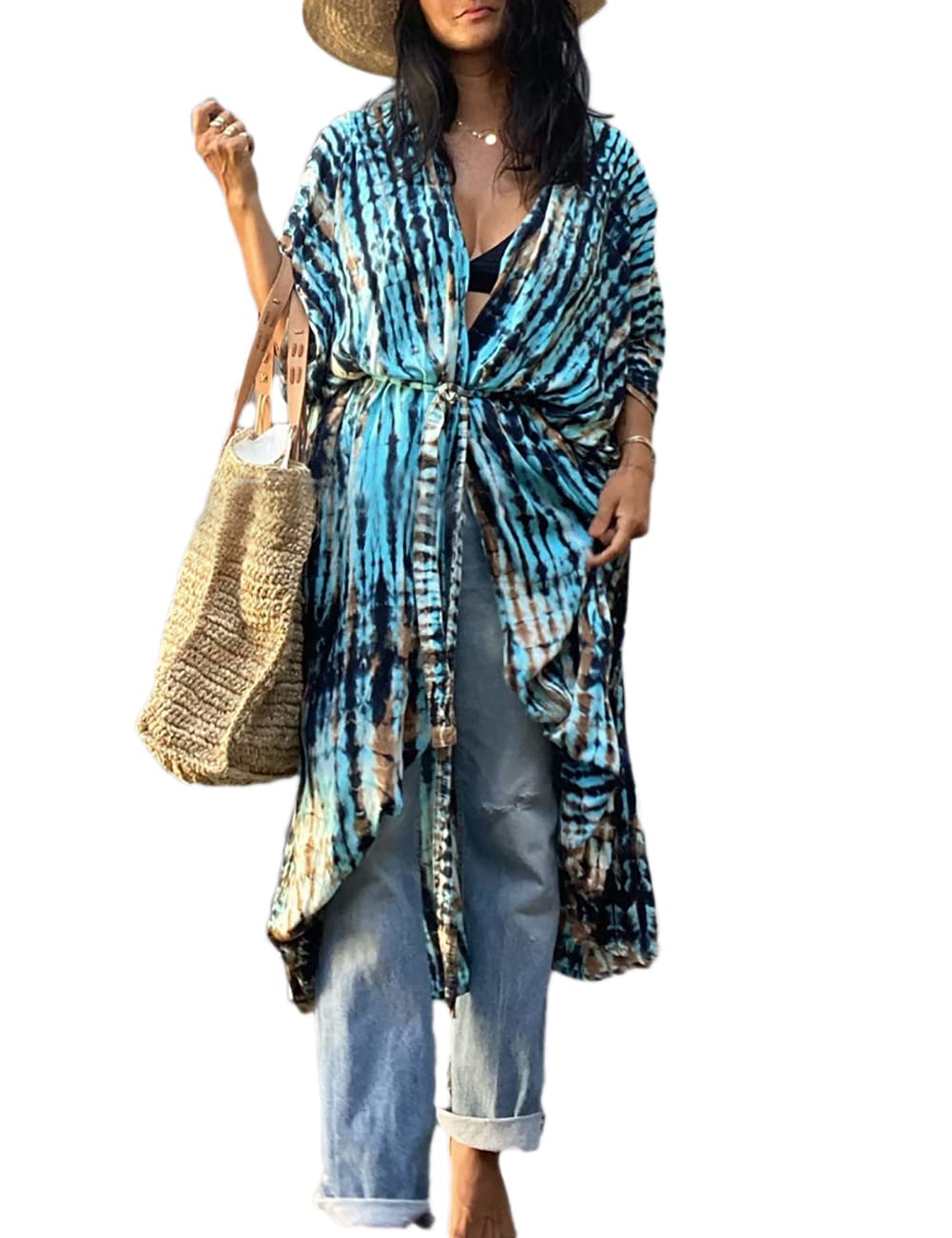 Bsubseach Stylish Tie Dye Open Front Long Kimono Swimsuit Cover Up for Women Swimwear Cover Ups