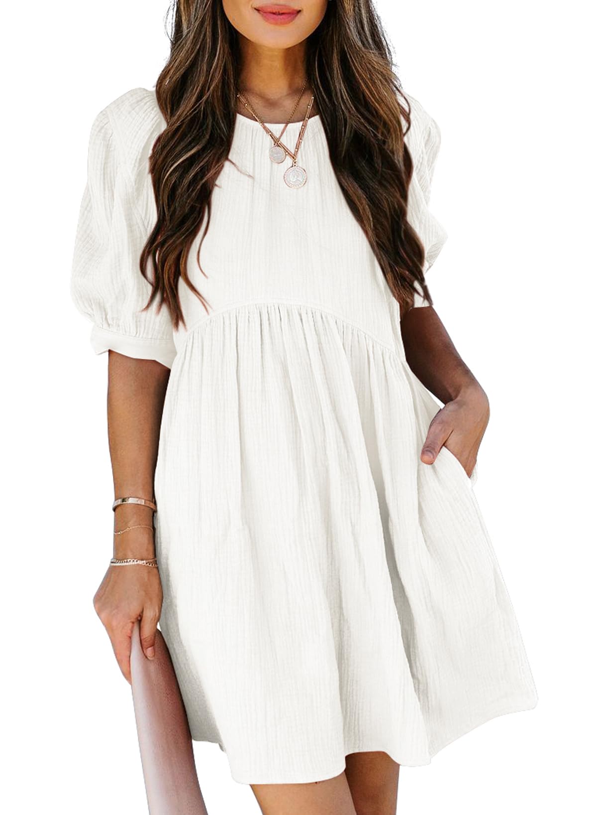 Dokotoo Womens 2025 Spring Summer Crewneck Puff Sleeve Babydoll Elegant Empire Waist Mini Swing Skater Dresses with Pockets