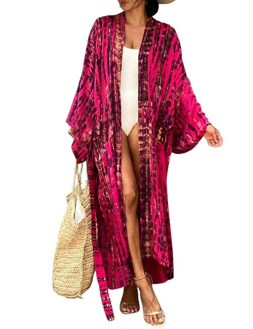 Bsubseach Stylish Tie Dye Open Front Long Kimono Swimsuit Cover Up for Women Swimwear Cover Ups