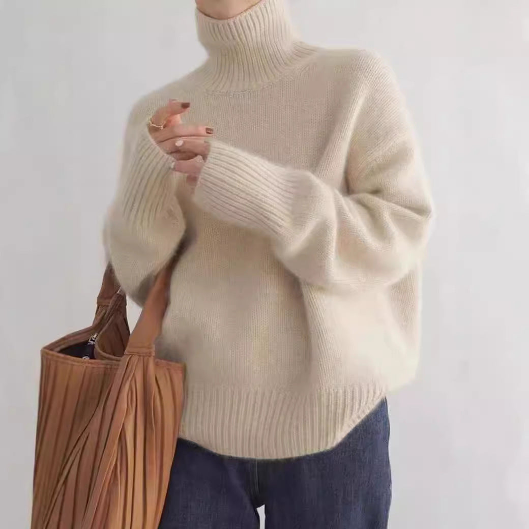 Strickpullover im Lazy-Style mit hohem Kragen für Damen weiche einfarbige Farbe lockere Innenbekleidung