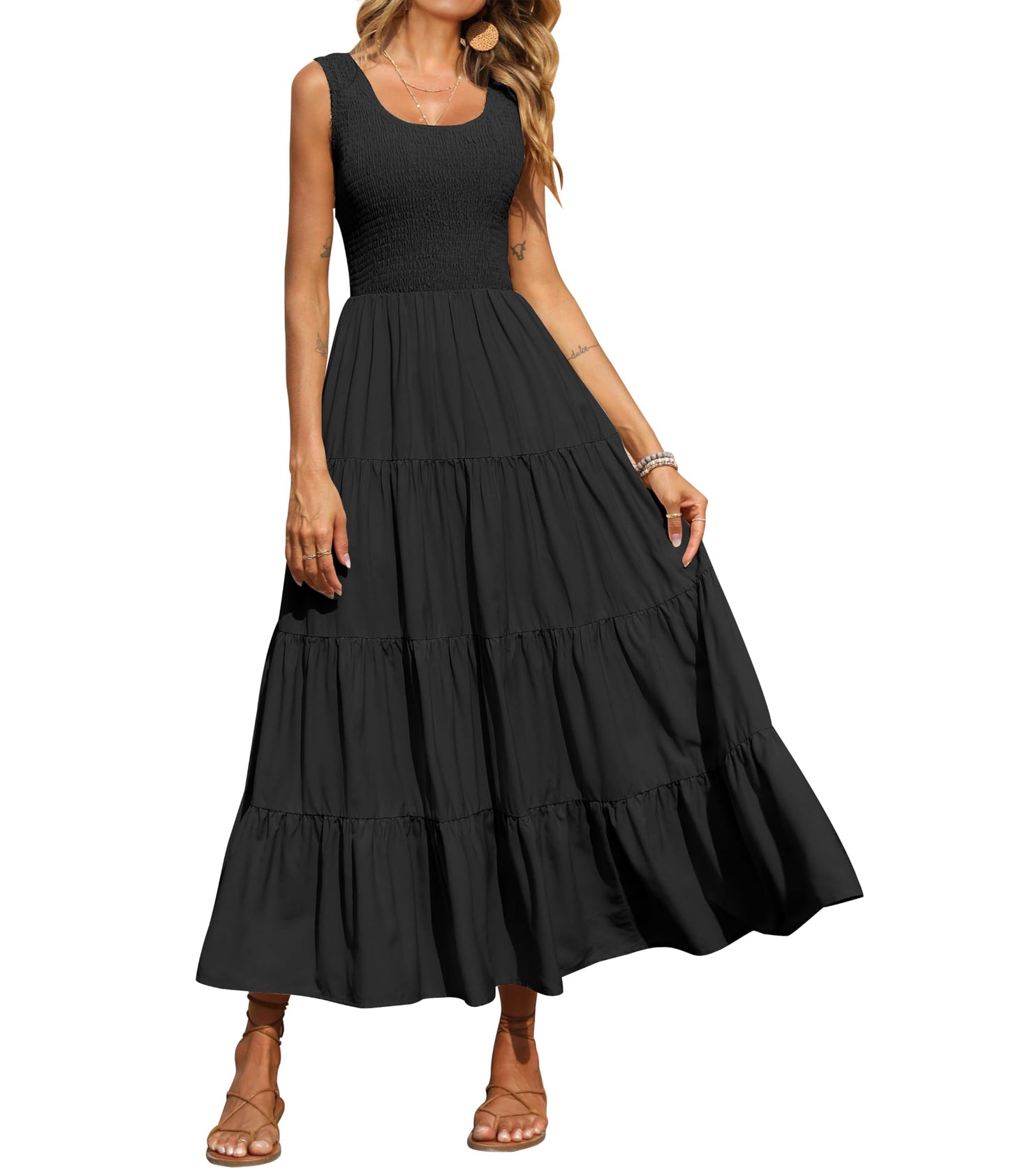 PRETTYGARDEN Women's 2025 Casual Loose Plain Maxi Sundress Smocked Tank Dress Sleeveless Summer Beach Tiered Long Dresses