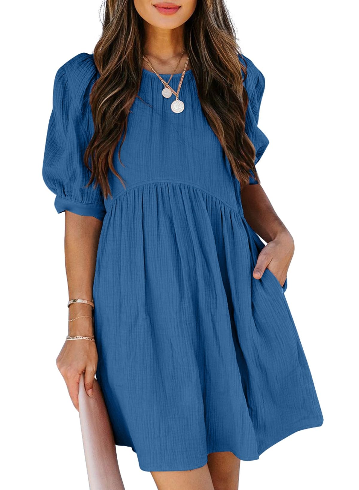 Dokotoo Womens 2025 Spring Summer Crewneck Puff Sleeve Babydoll Elegant Empire Waist Mini Swing Skater Dresses with Pockets