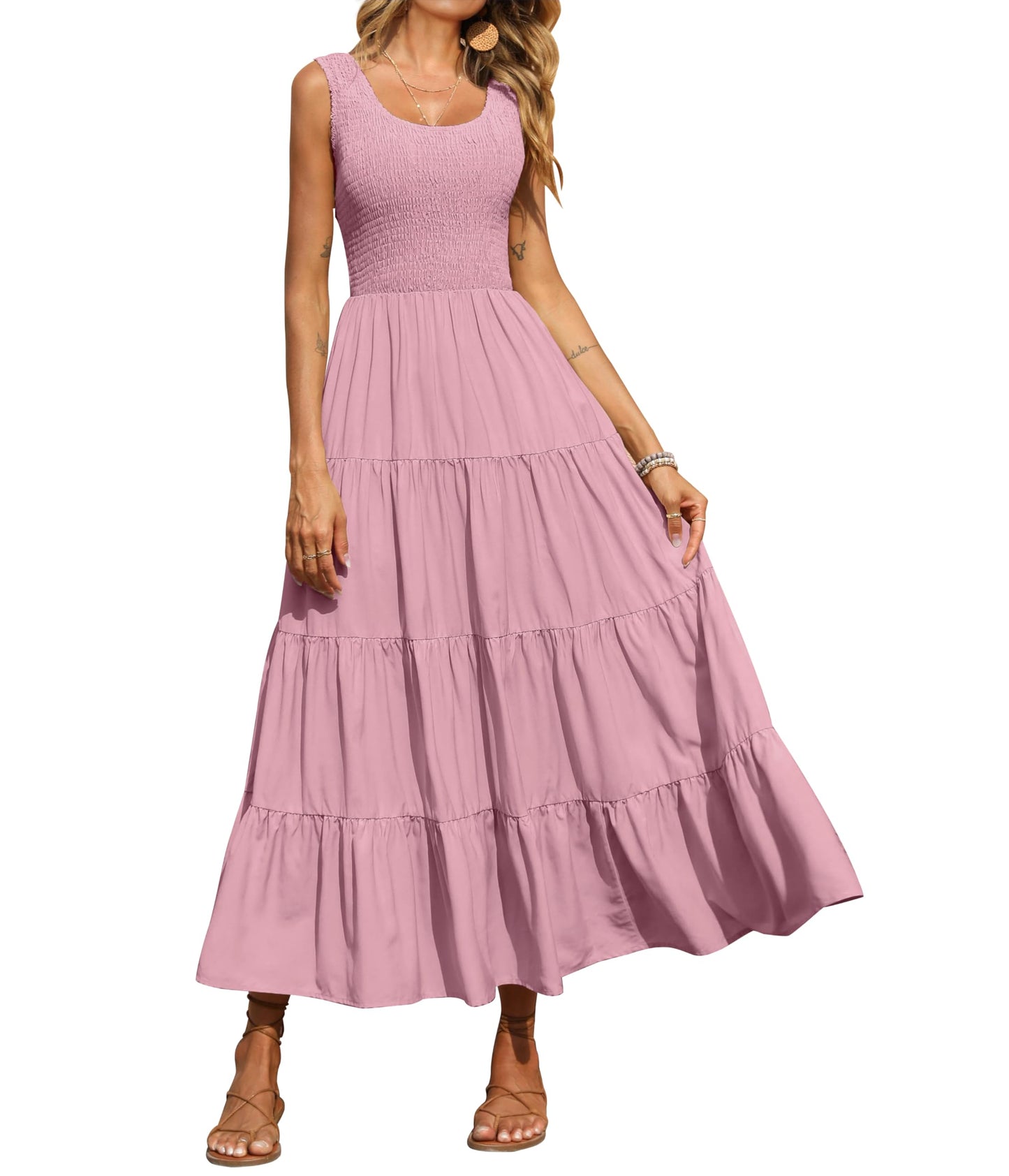 PRETTYGARDEN Women's 2025 Casual Loose Plain Maxi Sundress Smocked Tank Dress Sleeveless Summer Beach Tiered Long Dresses