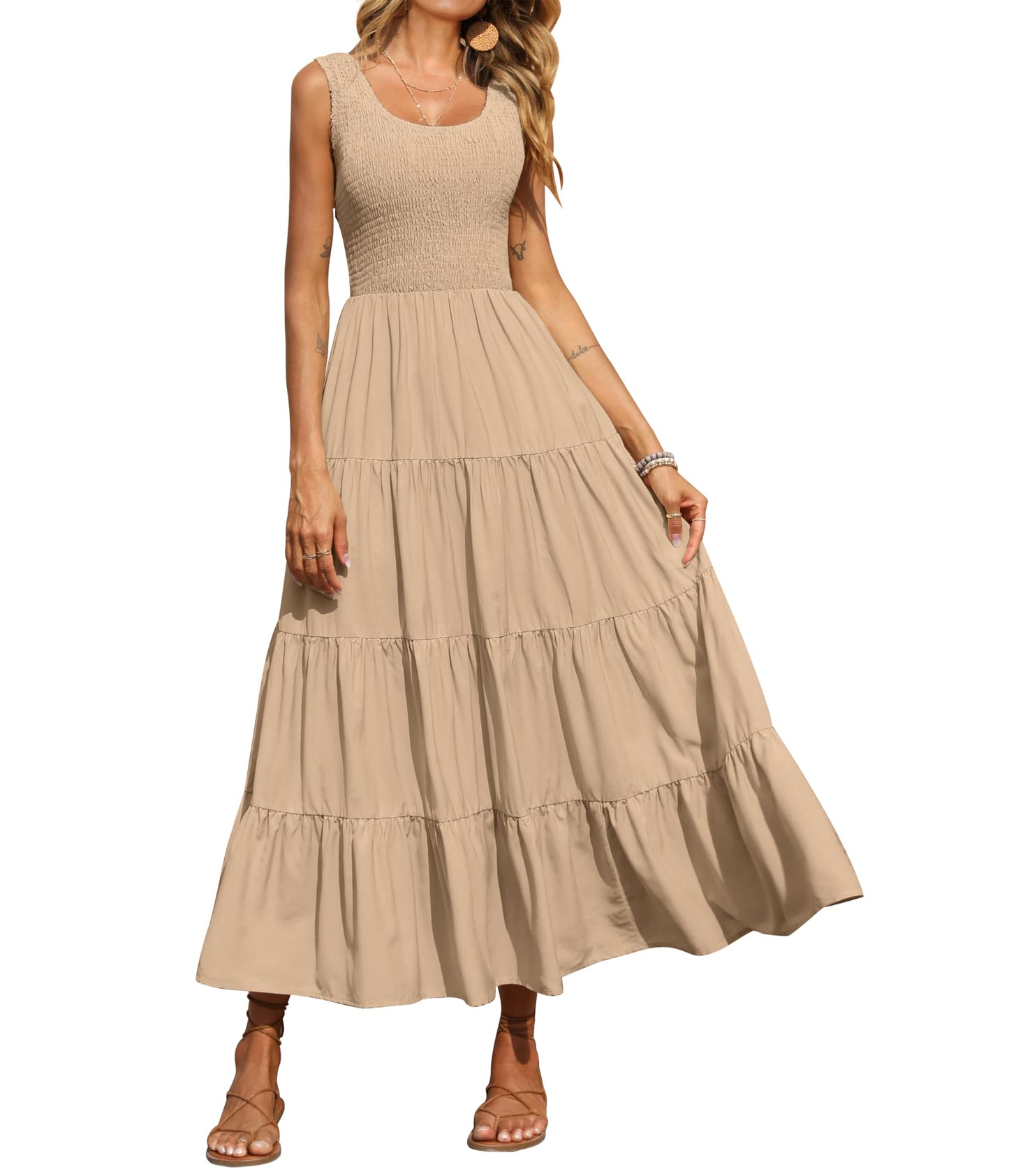 PRETTYGARDEN Women's 2025 Casual Loose Plain Maxi Sundress Smocked Tank Dress Sleeveless Summer Beach Tiered Long Dresses