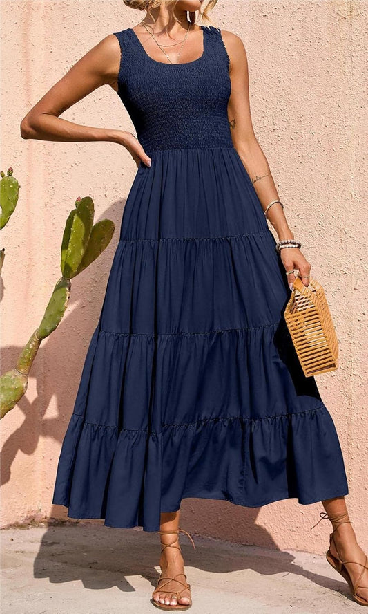 PRETTYGARDEN Women's 2025 Casual Loose Plain Maxi Sundress Smocked Tank Dress Sleeveless Summer Beach Tiered Long Dresses
