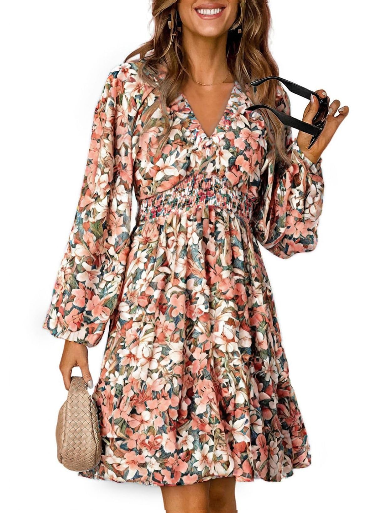 Dokotoo Womens Dresses 2025 Boho Floral V Neck Long Sleeve Smocked Elastic Waist Casual A-Line Swing Mini Dress Sundress