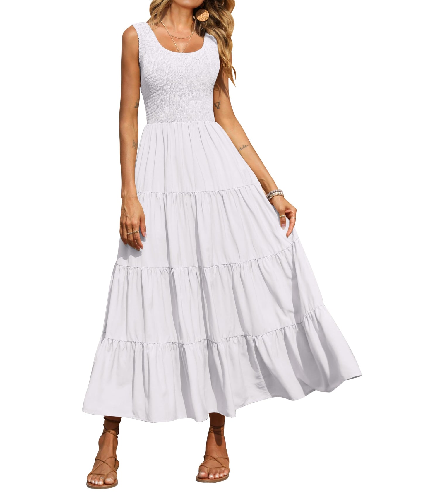 PRETTYGARDEN Women's 2025 Casual Loose Plain Maxi Sundress Smocked Tank Dress Sleeveless Summer Beach Tiered Long Dresses